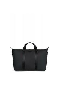 Borsa duffle nera realizzata in materiale texturizzato con due manici superiori, chiusura con zip e spallacci removibili. Design minimale, senza motivi.