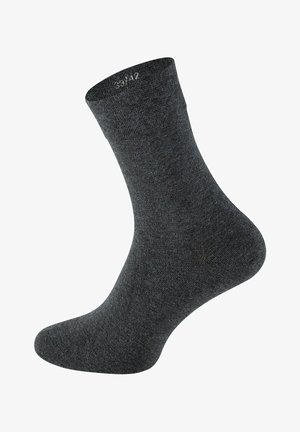 Chaussette grise de cheville en tissu tricoté, présentant une texture lisse et un poignet à rayures. Le tissu a une couleur uniforme sans motifs.