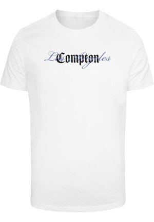 White cotton t-shirt featuring black and blue stylized text "L Compton" in graphic font across the chest. Standard crew neck design.