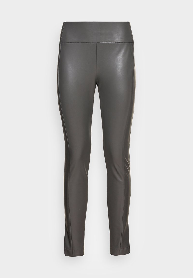 Leggings ajustés en simili cuir gris foncé, dotés d'une taille haute, d'une texture lisse et d'une silhouette épurée sans coutures visibles.