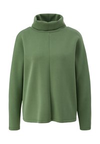 Pull à col roulé vert olive à manches longues, coupe ample et couture verticale centrale à l'avant.