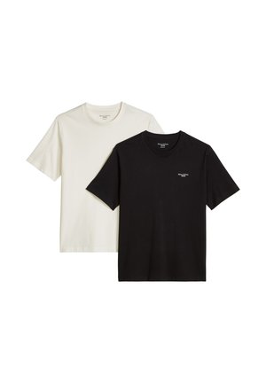 Zwei schlichte T-Shirts mit Rundhalsausschnitt, eines weiß und eines schwarz, flachgelegt mit kleinem weißen Logo auf der Brust jedes Shirts.