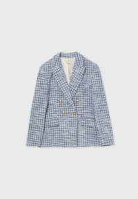 Dvouřadé sako s vzorem modrého psího zubu, zdobené zlatými knoflíky, s výřezovými klopy a předními kapsami. Texturovaná látka.