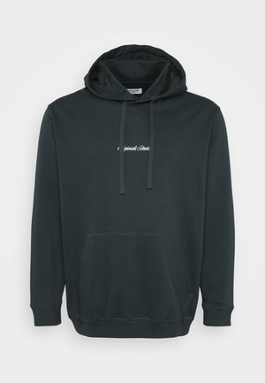 Black hoodie made of soft fabric, featuring a front kangaroo pocket, adjustable drawstrings, and a small white logo on the chest.