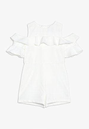 Hvid ærmeløs romper med flæset off-shoulder-ærmer og en lige halsudskæring, designet til en løs og flydende pasform.