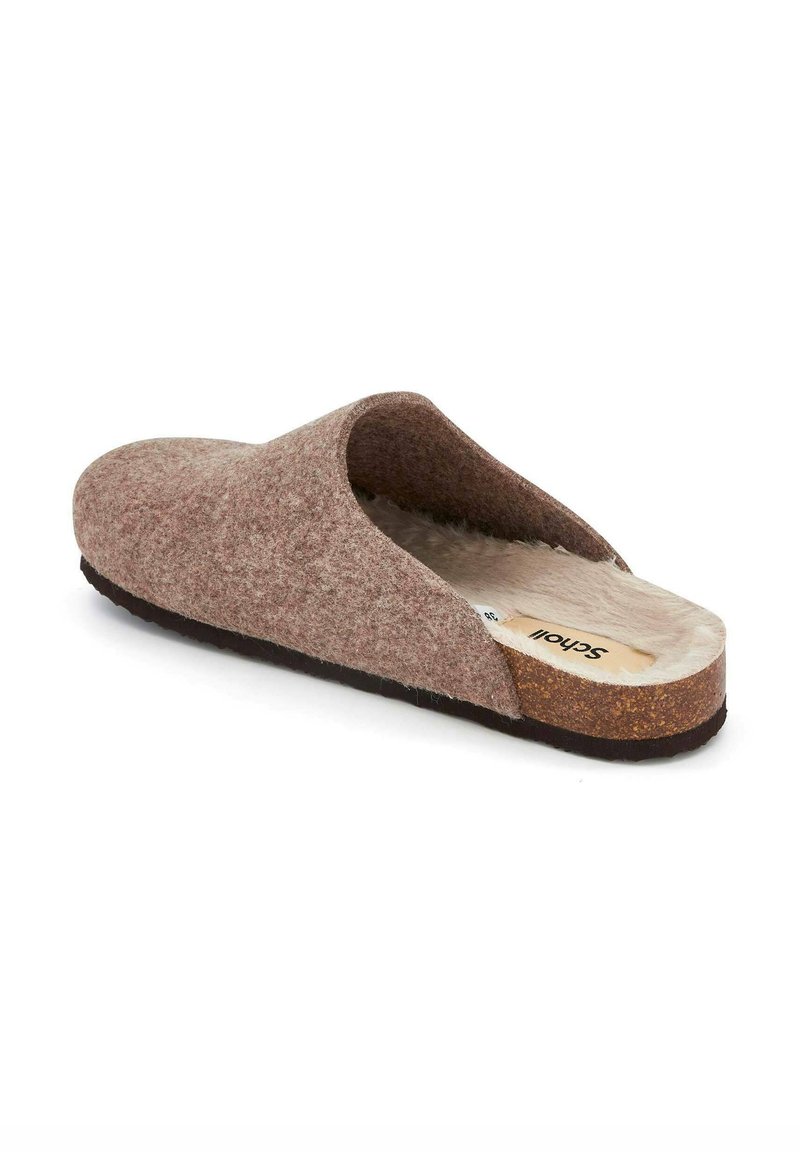 Filz-Pantoffel im hellbraunen Farbton mit runder Form, Kork-Zwischensohle und sichtbarer Kunstfellfütterung im Inneren.