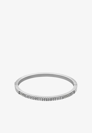 Silver bangle with a smooth, rounded shape featuring a row of small, clear crystals along one edge for added detail and shine.