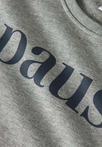 Grijze sweatshirt met een zachte textuur, voorzien van een groot, donkerblauw gedrukt woord "daus" op de voorkant, ronde halslijn en geribde manchetten.