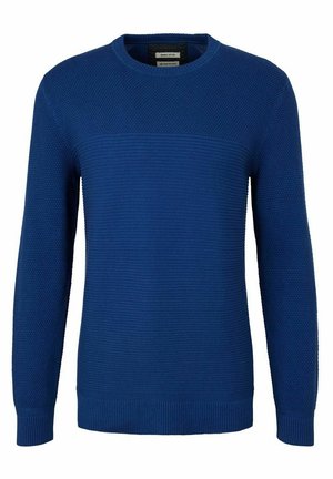 Blauwe gebreide trui met een gestructureerd patroon en geribbelde manchetten en zoom. Klassiek crewneck ontwerp, met een gladde, zachte afwerking.