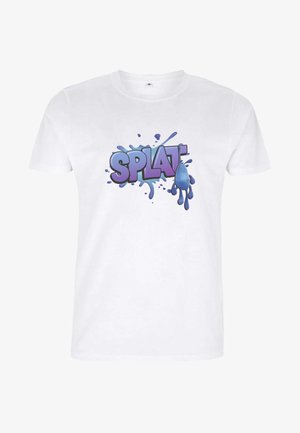 Vit bomull t-shirt med en grafisk tryck som har ordet "SPLAT!" i lila och blått, accentuerat med blå stänkmärken.