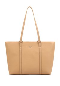 Sac fourre-tout en cuir beige avec deux longues poignées, forme légèrement structurée, design minimaliste et un petit logo en accent à l'avant.