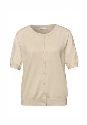 Cardigan beige à manches courtes avec boutons, col rond et poignets et ourlet côtelés, présenté sur un fond blanc.