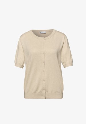 Beżowy krótki kardigan na guziki z krótkim rękawem, okrągłym dekoltem oraz prążkowanymi mankietami i dołem, prezentowany na białym tle.