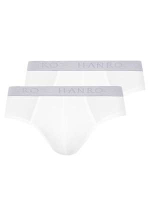 Białe bawełniane majtki z szarym pasem, na którym wytłoczono logo "HANRO". Gładka faktura i dopasowany krój bez wzorów.