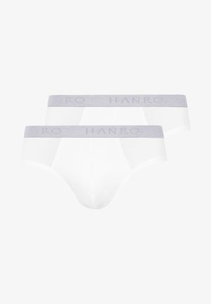 Białe bawełniane majtki z szarym pasem, na którym wytłoczono logo "HANRO". Gładka faktura i dopasowany krój bez wzorów.