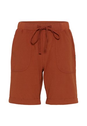 Shorts couleur rouille avec une ceinture élastique, cordon de serrage et poches avant. Fabriqués en tissu doux avec un ourlet à revers.