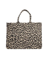 Sac fourre-tout rectangulaire avec motif léopard en beige et noir, doté de deux poignées courtes en haut.