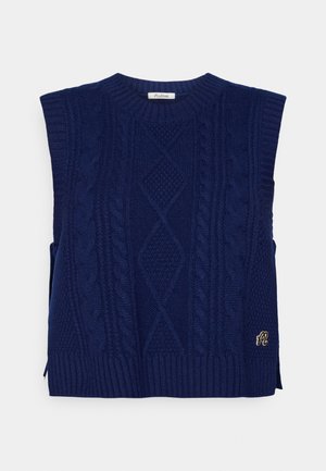 Marineblauer, gestrickter ärmelloser Pullover mit Zopfmuster, geripptem Rundhalsausschnitt und Seitenschlitzen. Auf der Vorderseite befindet sich ein gesticktes Logo.