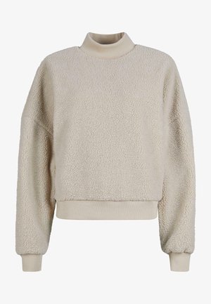 Suéter color crema con cuello alto, hecho de material de forro polar texturizado. Presenta un diseño corto y puños y dobladillo acanalados.