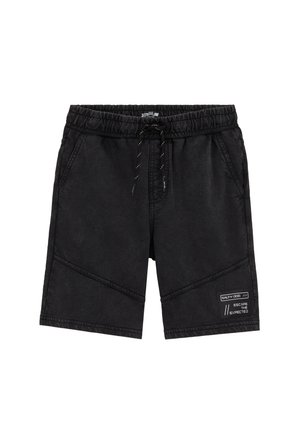 Čierne šortky strednej dĺžky s elastickým pásom, šnúrkou na uťahovanie, bočnými vreckami a bielou textovou nálepkou "Salty Dog Escape The Expected" na ľavej nohe.