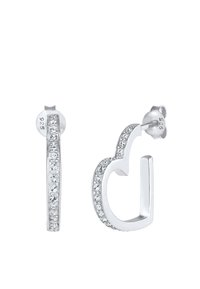 Orecchini in argento con un design astratto e curvo. Un lato presenta cristalli trasparenti lungo il bordo. Marchiati con "925" per argento sterling.