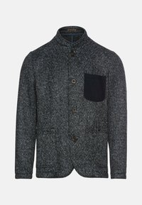 Wollen jack in donkergrijs met een gestructureerde afwerking, staande kraag, een vijfknops sluiting aan de voorkant en een enkele donkere zak op de linkerborst.
