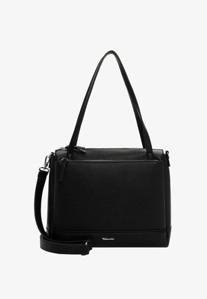 Černá kožená kabelka s texturovaným povrchem, dvěma uchy, odnímatelným ramenním popruhem a hlavní kapsou na zip.