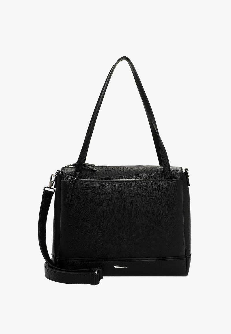 Borsa a mano in pelle nera con finitura strutturata, doppi manici, tracolla rimovibile e scomparto principale con zip.