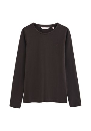 Schwarzes Langarmshirt mit Rundhalsausschnitt und kleinem gesticktem Logo auf der linken Brust, dargestellt auf weißem Hintergrund.