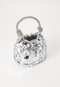 Silver sequined handbag with a rounded shape, textured surface, and a braided metallic handle. Features a small brand emblem.