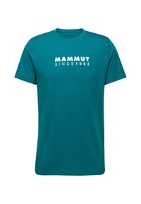 Teal katoenen t-shirt met een ronde hals en korte mouwen. Op de voorkant staat de tekst "MAMMUT SINCE 1862" in het wit. Eenvoudig ontwerp.
