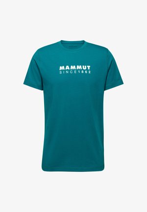 Türkisfarbendes Baumwoll-T-Shirt mit Rundhalsausschnitt und kurzen Ärmeln. Auf der Vorderseite befindet sich der Schriftzug "MAMMUT SINCE 1862" in Weiß. Einfaches Design.