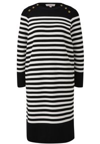 Schwarz-weiß gestreiftes Strickkleid mit rundem Halsausschnitt, langen Ärmeln und goldenen Knopf-Akzenten an den Schultern. Strukturierter Stoff, gerader Schnitt.