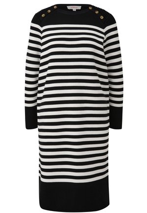 Black and white striped knit dress with a round neckline, long sleeves, and gold button accents on shoulders. Textured fabric, straight cut.