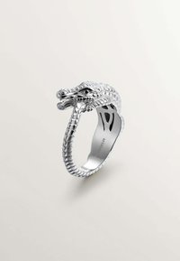 Anillo de plata con forma de serpiente enrollada, que presenta escamas detalladas y dos cabezas, con una banda interior lisa.