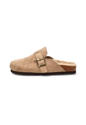 Zueco beige sin cordones con parte superior de ante, correa ajustable con hebilla, forro interior esponjoso, plantilla de corcho y suela negra.