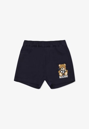 Shorts in cotone blu navy con vita elastica, caratterizzati da una grafica di un orso e testo "MUSCHINO" in basso a destra. Inclusi due tasche laterali.