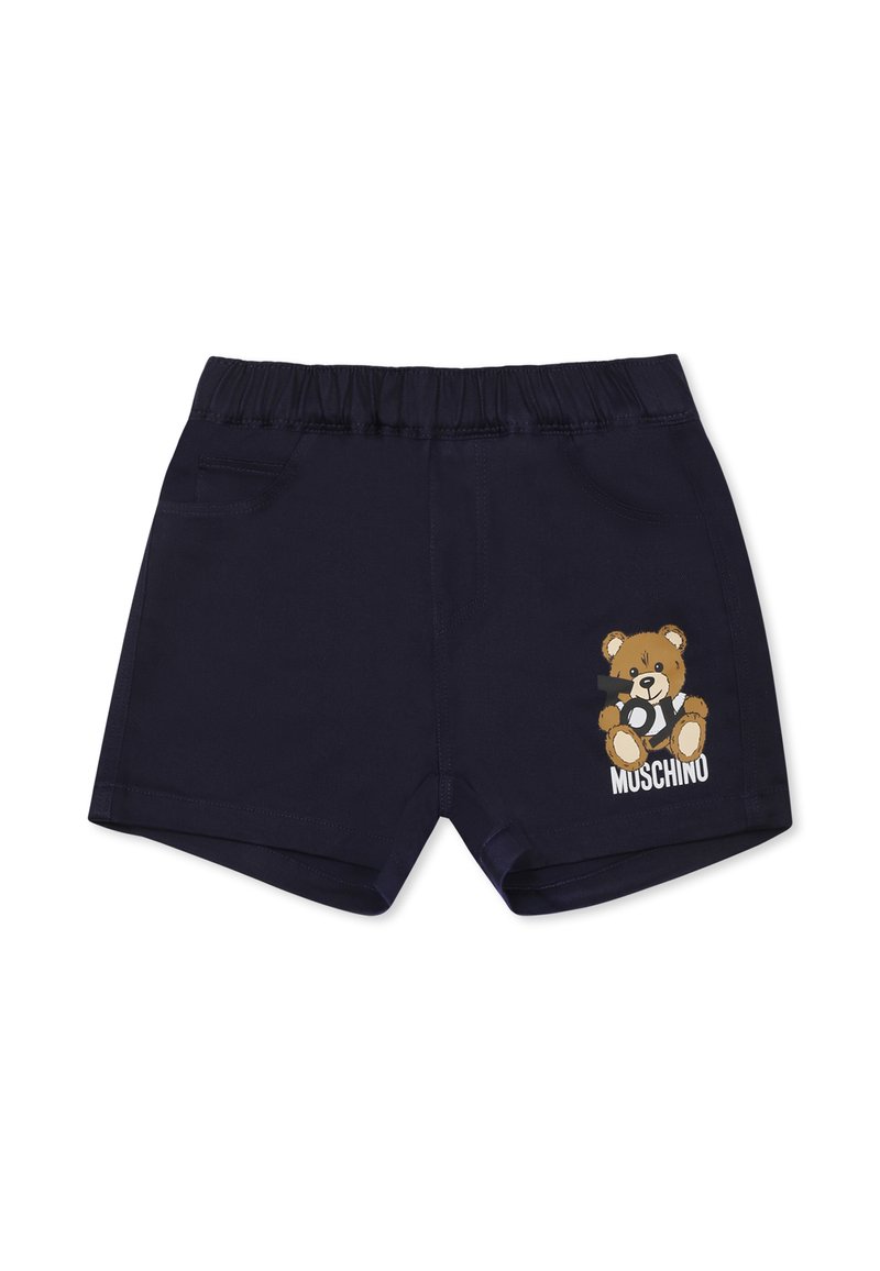 Shorts in cotone blu navy con vita elastica, caratterizzati da una grafica di un orso e testo "MUSCHINO" in basso a destra. Inclusi due tasche laterali.
