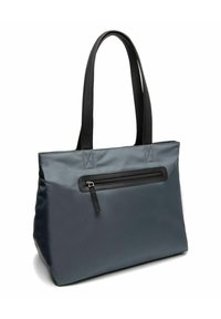 Borsa tote in nylon grigio con dettagli in pelle nera, dotata di una tasca con zip sulla parte frontale e doppi manici per un facile trasporto.