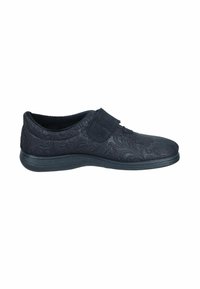 Black slip-on shoes with textured floral pattern, soft fabric upper, reinforced toe, and a padded collar for comfort. Rubber sole for traction.