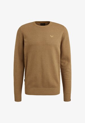 Bruine gebreide trui met een ronde hals, textuur op het oppervlak, geribbelde manchetten en zoom, en een klein logo op de borst.