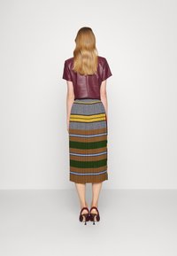 Top in pelle bordeaux a maniche corte con una gonna plissettata di lunghezza ginocchio caratterizzata da molteplici strisce orizzontali in grigio, verde, marrone e giallo.