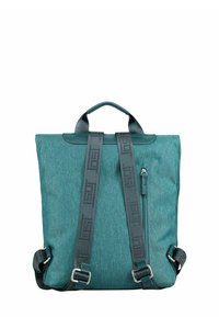 Sac à dos teal en tissu texturé avec des bretelles réglables et une poche zippée sur le côté. Partie supérieure roulée avec une poignée.
