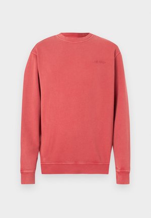 Sudadera de coral jaspeado, cuello redondo, mangas largas, puños y dobladillo acanalados. Presenta un logo sutil en relieve en el pecho. Material de mezcla de algodón suave.