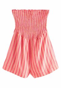 Trägerlose, rosa gestreifte Shorts mit einem gerafften Taillenbund und gelben sowie weißen Akzenten. Leichter Stoff, gerader Schnitt, ohne Taschen.