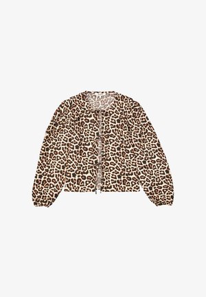 Leopardenmuster-Bluse mit gepufften langen Ärmeln, rundem Halsausschnitt und Schleifenverschluss vorne, aus leichtem Stoff gefertigt.