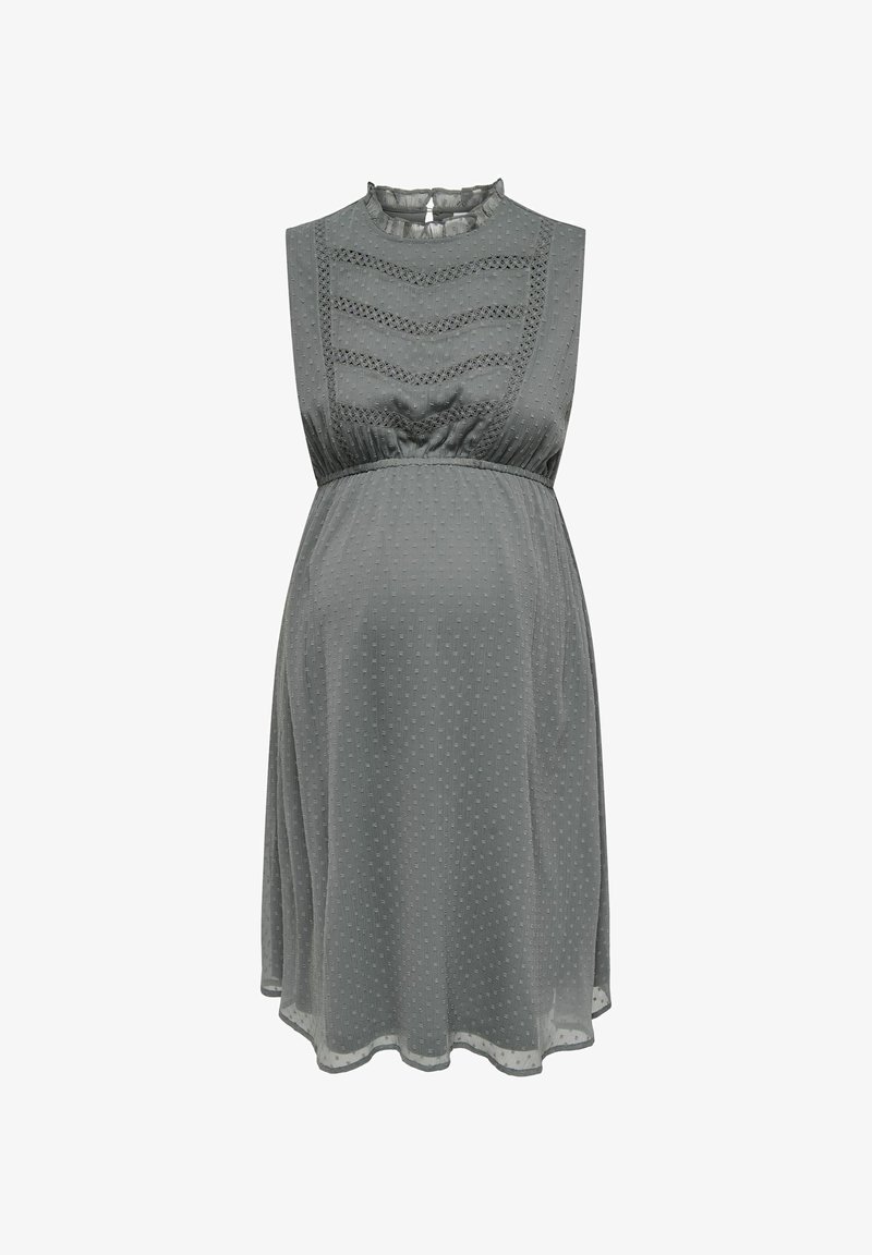 Tehotenské šaty z jemného, textúrovaného šedého materiálu s vysokým golierom, bez rukávov a jemným bodkovaným vzorom. Majú zhluky na páse.