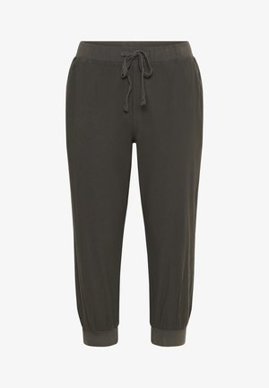 Pantaloni jogger leggeri di colore verde scuro con vita regolabile tramite cordoncino, polsini elasticizzati e texture liscia. Progettati per il comfort e per un abbigliamento casual.