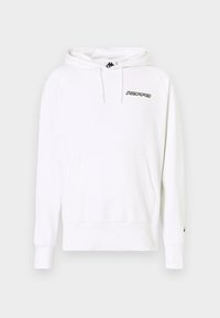 Weißer Longsleeve-Hoodie mit Vordertasche, verstellbarem Kordelzug an der Kapuze und kleinem schwarzen "kappa"-Logo auf der Brust und am Ärmel.