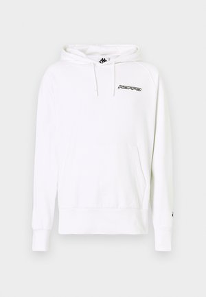 White long-sleeve hoodie with front pocket, adjustable drawstring hood, and small black "kappa" logo on the chest and sleeve.